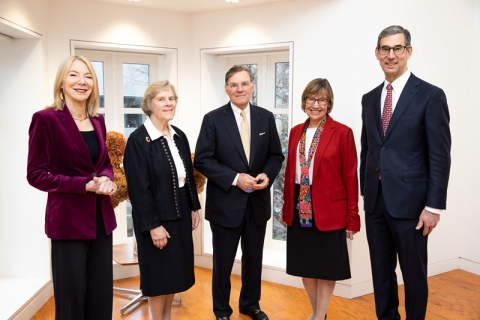 Penn President Amy Gutmann, Suzanne McGraw, Harold McGraw III, GSE Dean Pam Grossman, and Catalyst Director Michael Golden at the McGraw Prize launch event in February 2020.